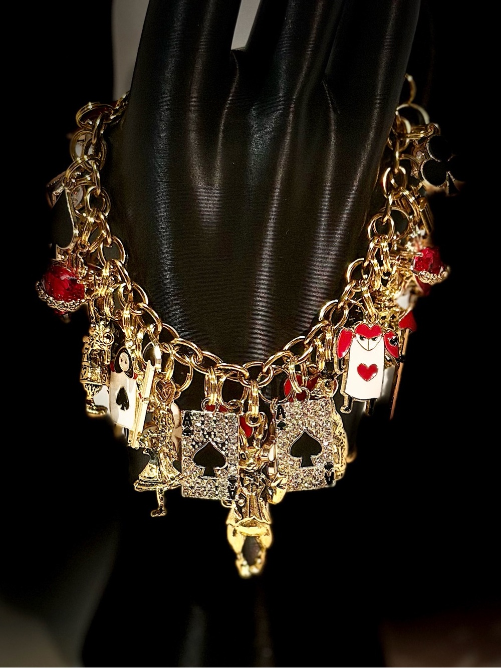 Gold-Tone Red & Black Alice in Wonderland Themed Charm Bracelet and Earrings